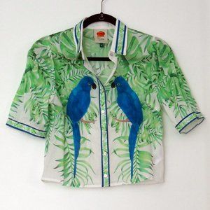 Farm Rio Green and Blue Tropical Print Puff Sleeve Top Blouse (fits like an XS)